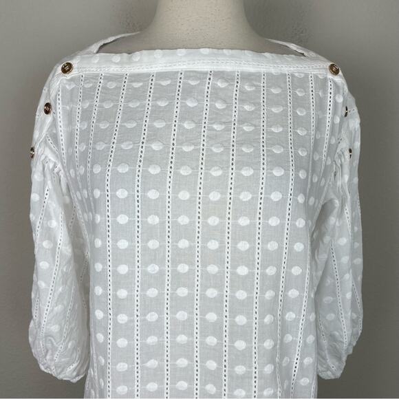 Buru White  Button Embroidered Detail 3/4 Sleeve   Top Small - Picture 3 of 8